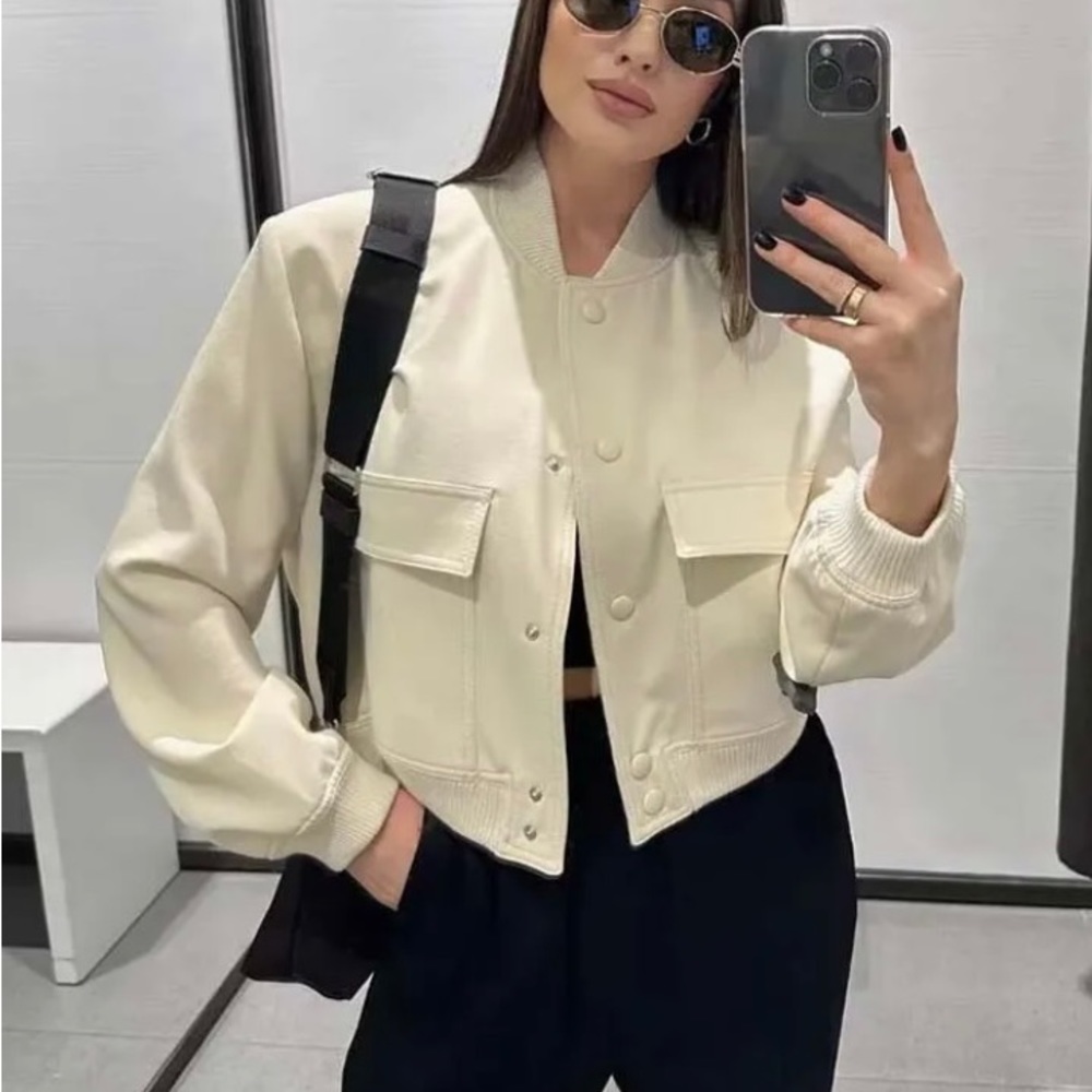 NEW WOMAN CROPPED MAXI BOMBER JACKET WITH POCKETS Beige S